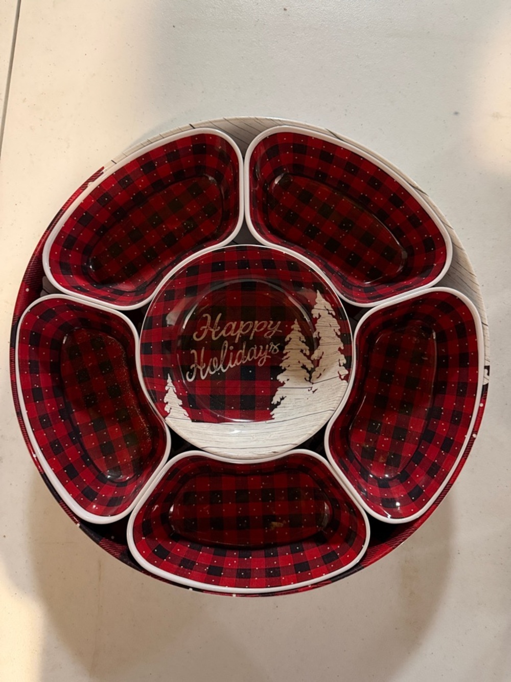 Cynthia Rowley Red and Black Buffalo Plaid Holiday Lazy Susan - Serving Set
